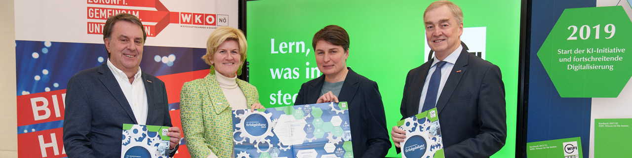 V.l.: WKNÖ-Präsident Wolfgang Ecker, WKNÖ-Direktor-Stv. Alexandra Höfer, WIFI NÖ-Institutsleiterin Michaela Vorlaufer sowie WKNÖ-Vizepräsident und WIFI NÖ Institutsvorstands-Vorsitzender Christian Moser präsentieren die WIFI NÖ Erfolgsbilanz 2022. /images/Hero-Images_CMS/ErfolgsbilanzCMS2022_1280x320.jpg